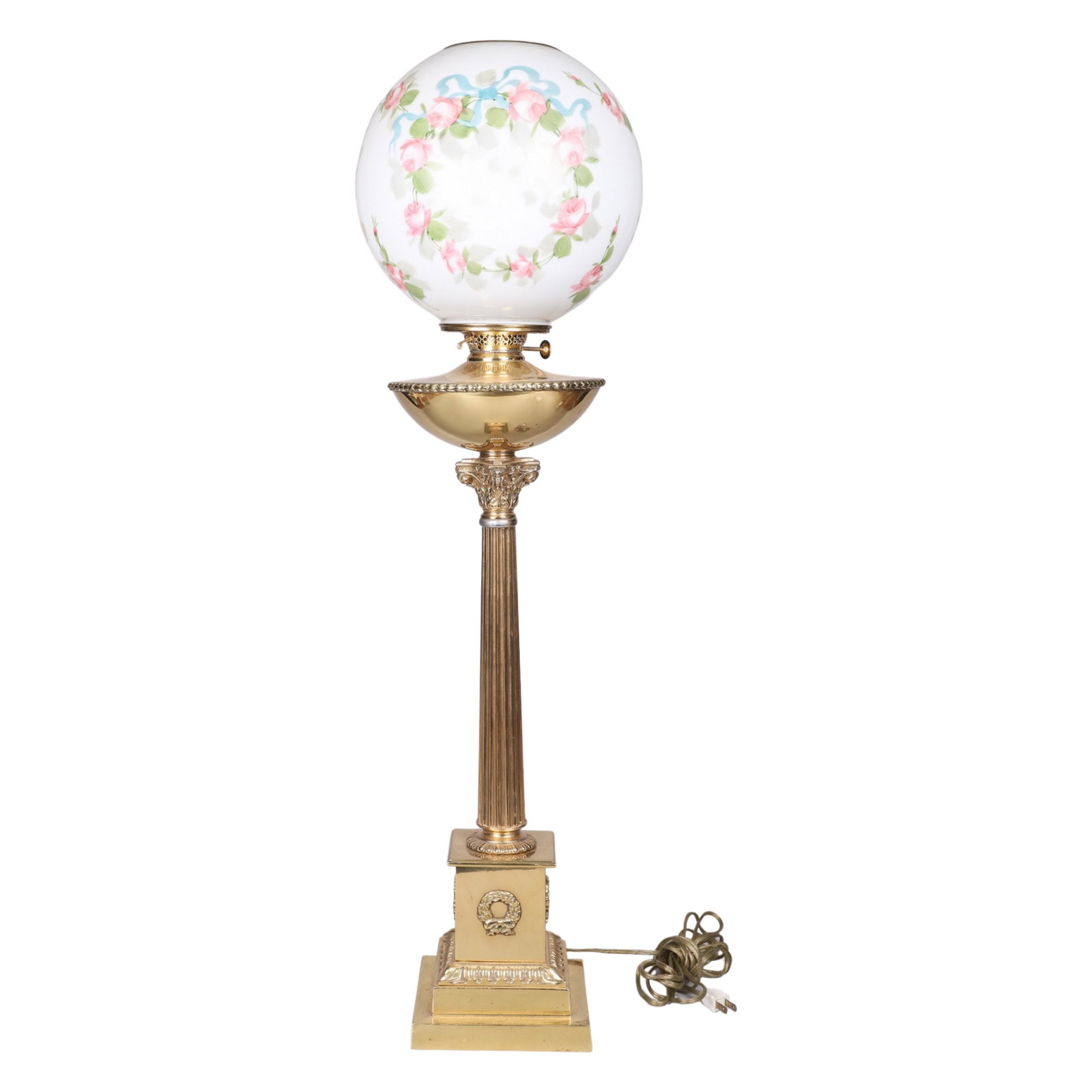 Brass Banquet Lamp: Brass column form banquet lamp, hand painted rose wreath glass globe, electrified, 38" h