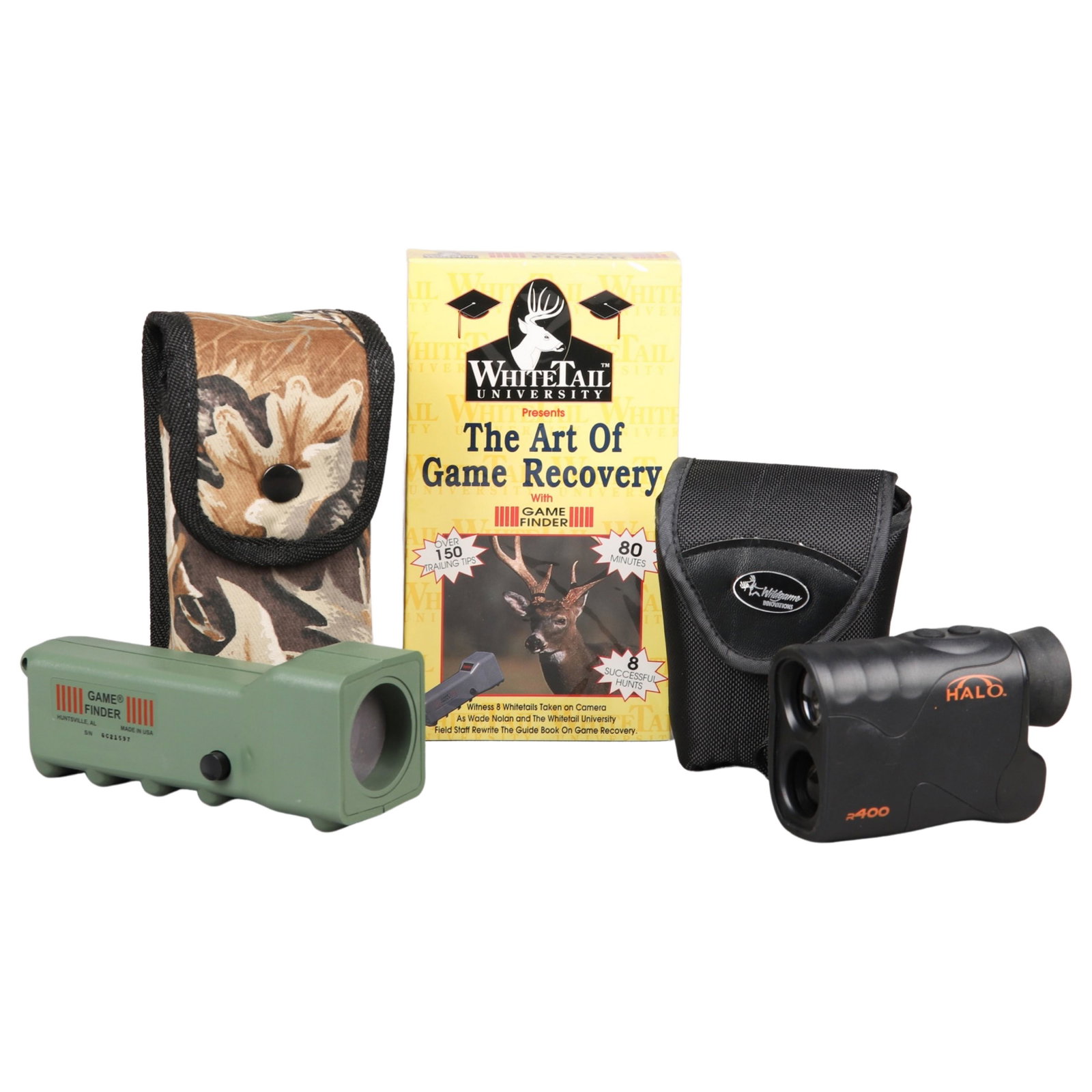 (2) Range Finders: (2) Range finders, c/o Game Finder serial #GC21597 with VHS tape "The Art of Game Recovery" in original box, Wild Game Innovations Halo R400 serial #0258-1043-003949