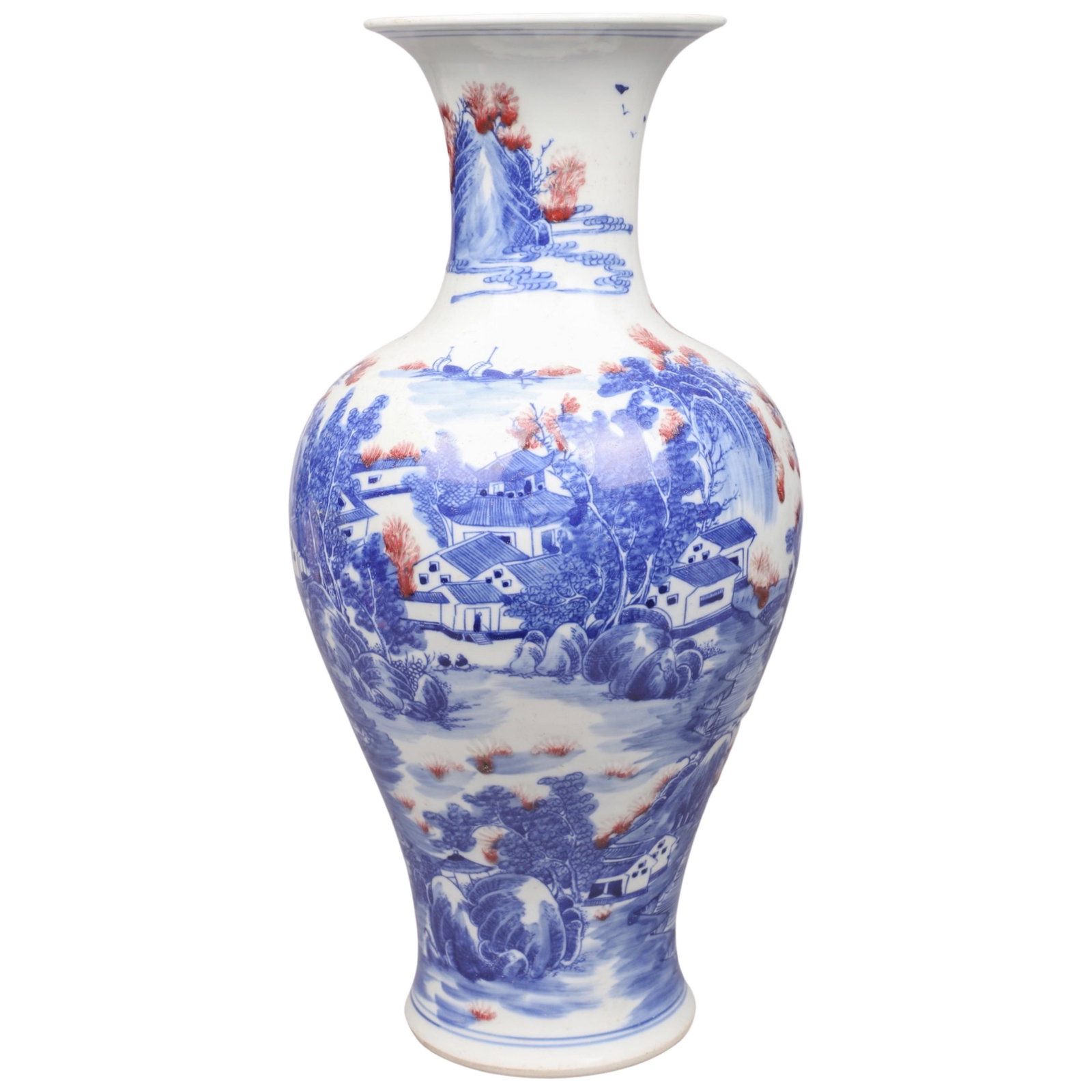 Chinese Blue & White Porcelain Vase: Chinese blue & white porcelain vase with red underglaze accents, landscape decoration, 6-character mark to base, 17-3/4" h