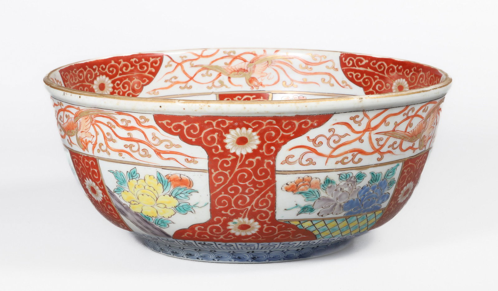 Japanese Porcelain Bowl: Japanese porcelain bowl, floral medallions, seal mark to base, 12-3/4" dia x 5-1/2" h