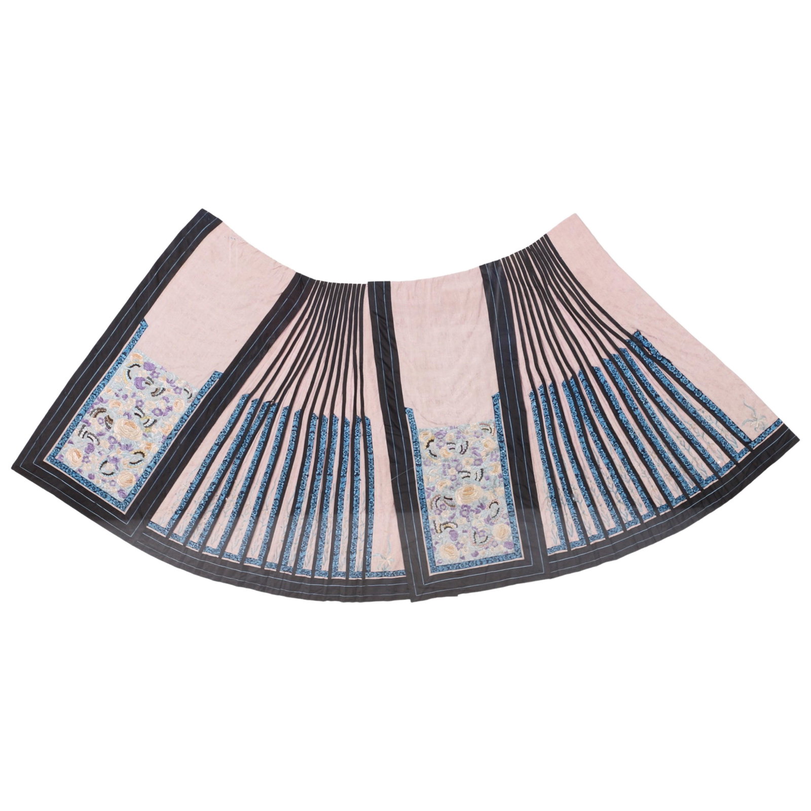 Chinese Silk Embroidered Court Skirt in Frame: Chinese silk embroidered court skirt in frame, finely embroidered in multi-butterfly, chrysanthemum and crawling foliage decoration, professionally framed, 83"L, 46"H