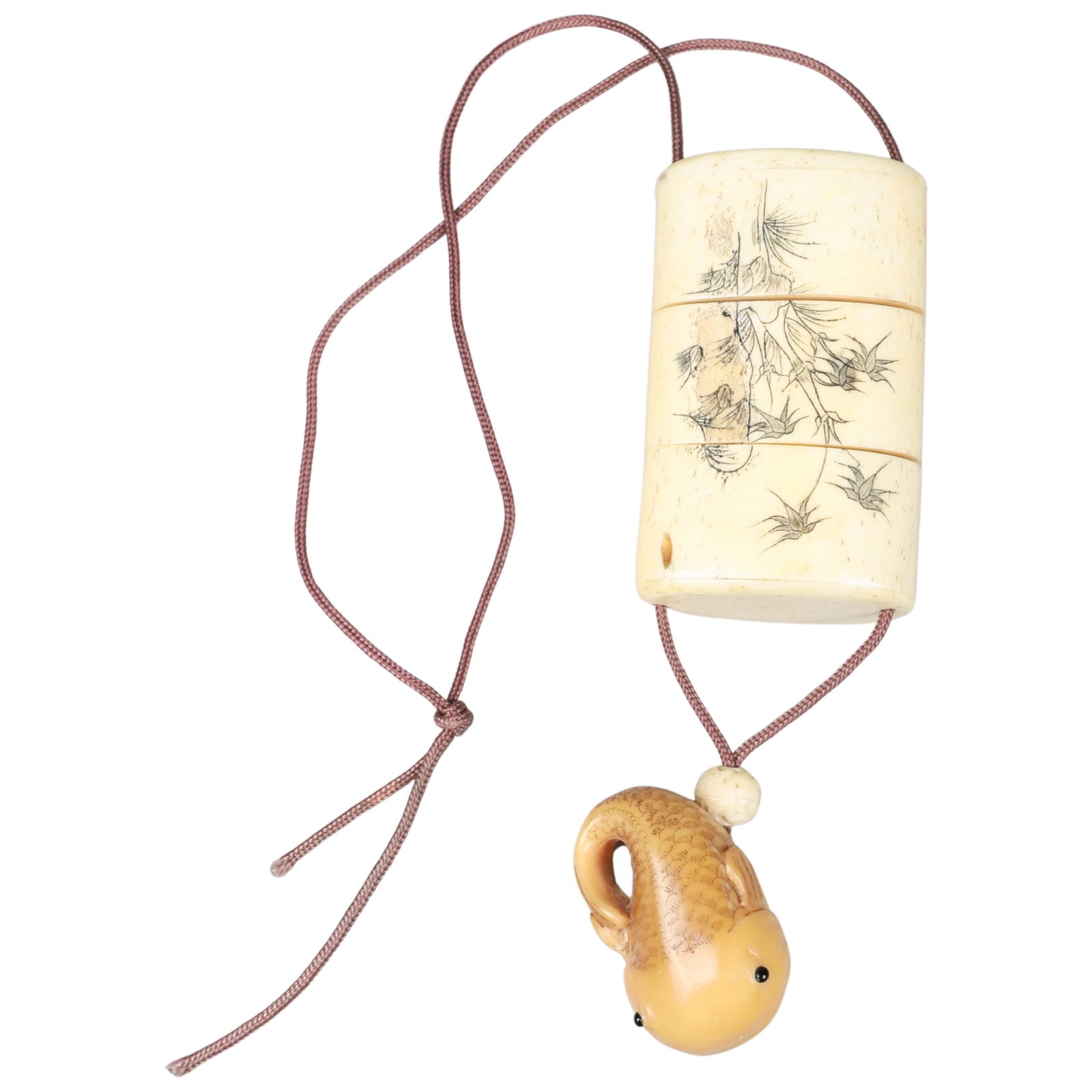 Japanese Bone Inro with Netsuke: Japanese bone inro, koi fish on one side & flower on reverse, with fish form netsuke, 2-7/8Ã¯Â¿½ h x 1-3/4Ã¯Â¿½
