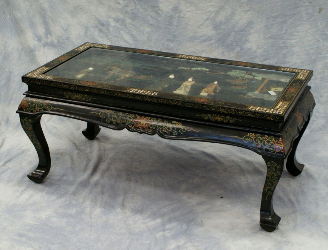 Chinese lacquered and stone inlaid cocktail tabl: Chinese lacquered and stone inlaid cocktail table, 20th C, 40" w x 20" d x 18 1/4" h