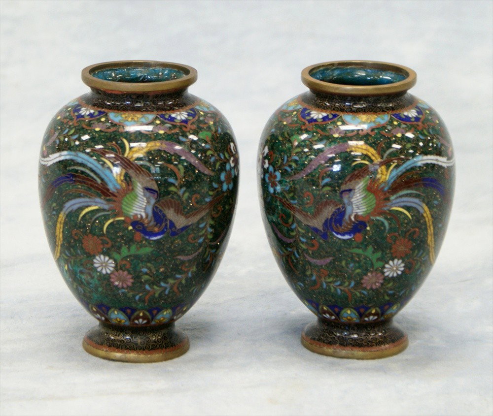 Pair of Japanese cloisonne vases with gold stone: Pair of Japanese cloisonne vases with gold stone, each depicting Hoho birds, minor losses, c 1900, 4 3/4" h
