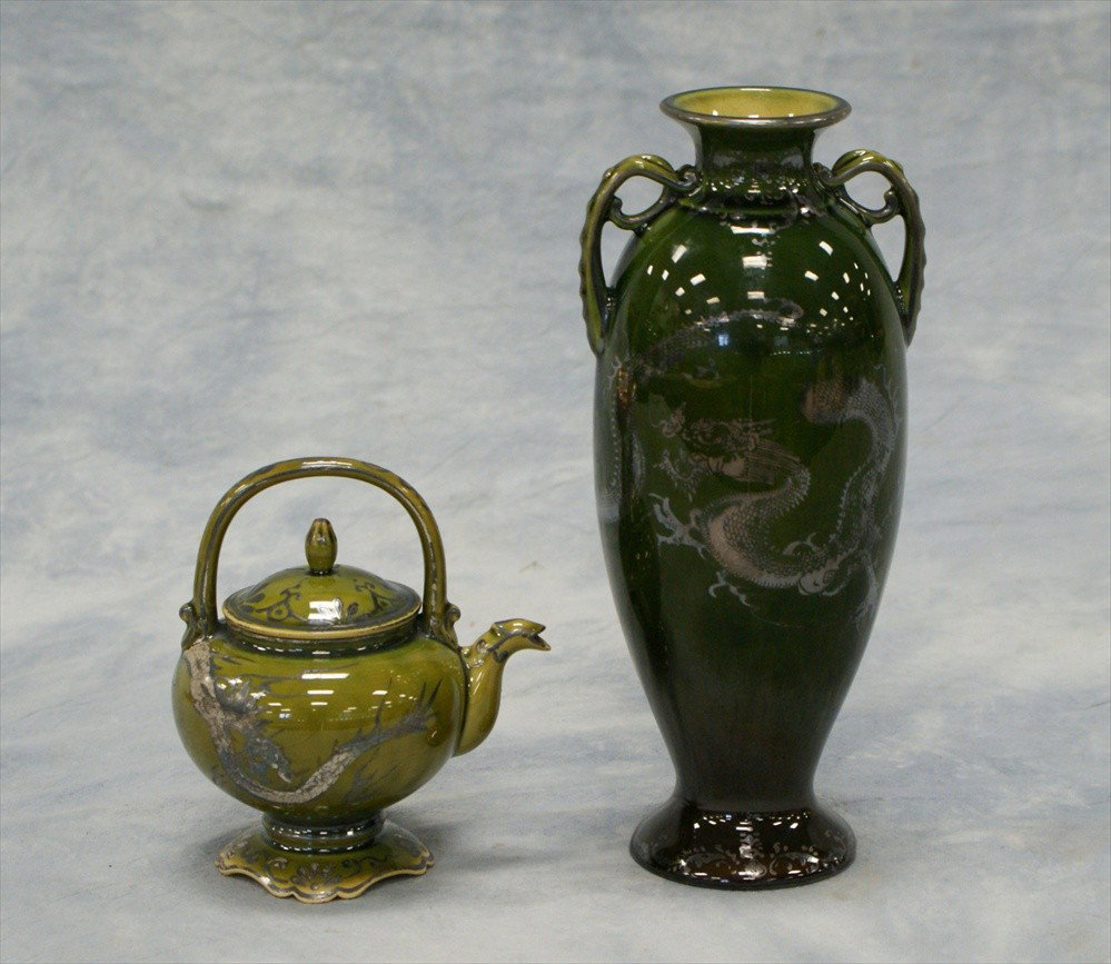(2) Japanese porcelain pieces, vase & teapot wit: (2) Japanese porcelain pieces, vase & teapot with silver overlay, wear to silver, crack to teapot, c 1920, tallest 8 1/2"