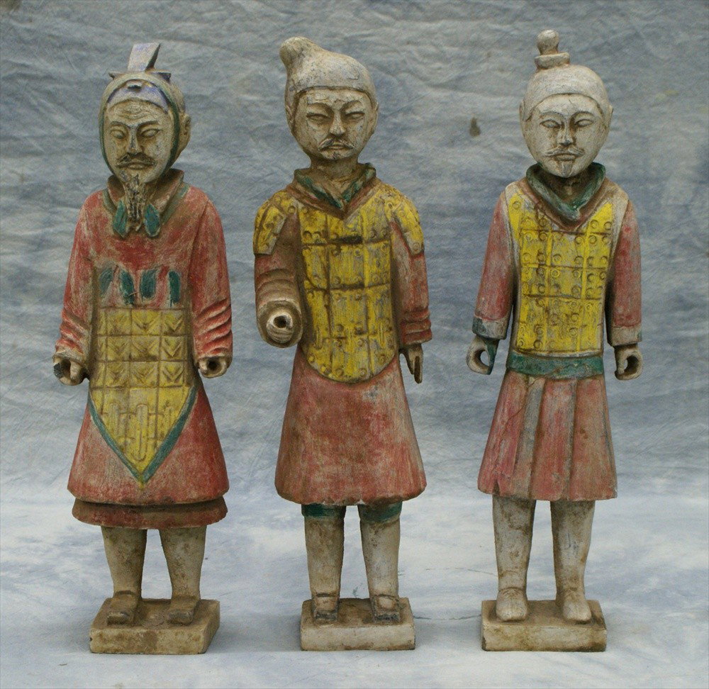 (3) Chinese carved and painted stone figures, 20: (3) Chinese carved and painted stone figures, 20th C, tallest 18"