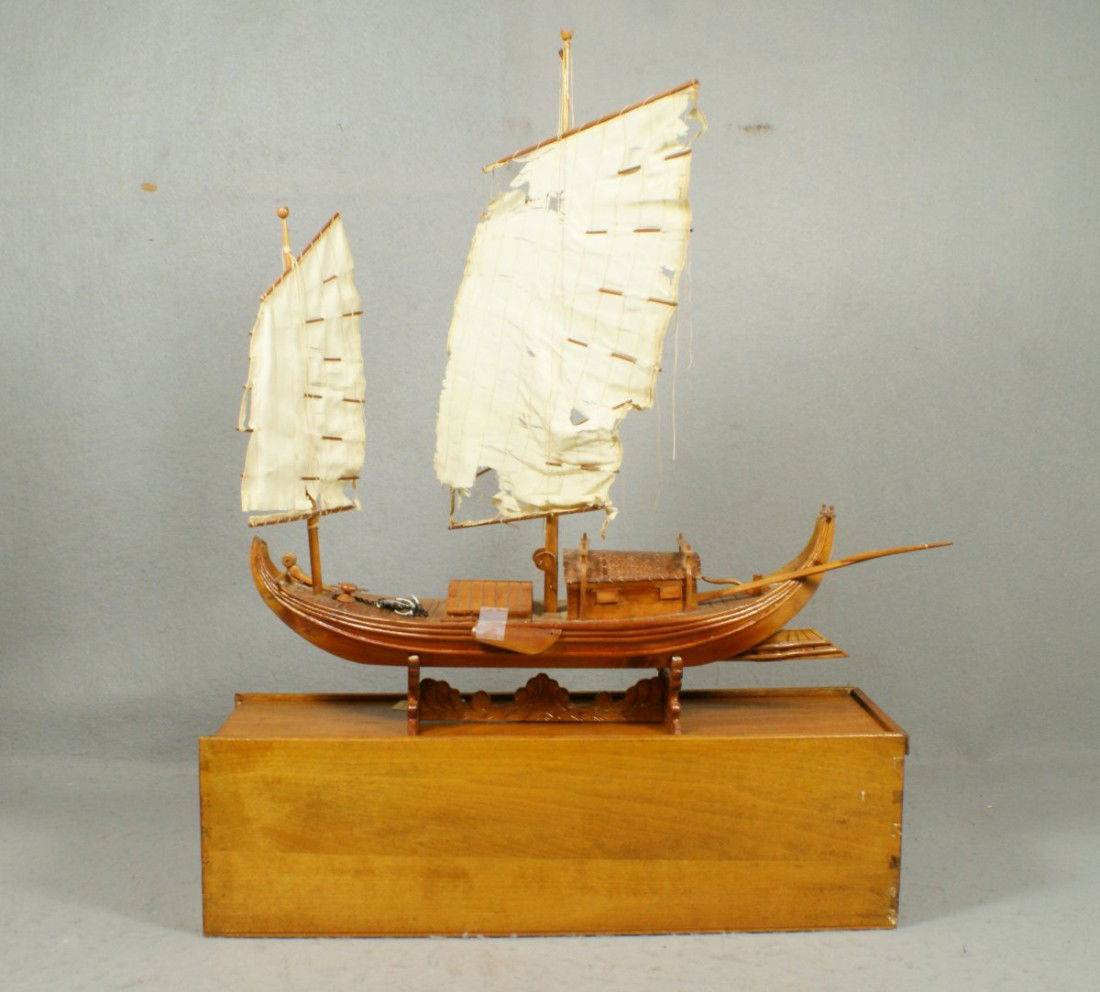 Japanese carved wooden boat, with original box,: Japanese carved wooden boat, with original box, silk sails as is, approx 17" l x 19-1/2" h