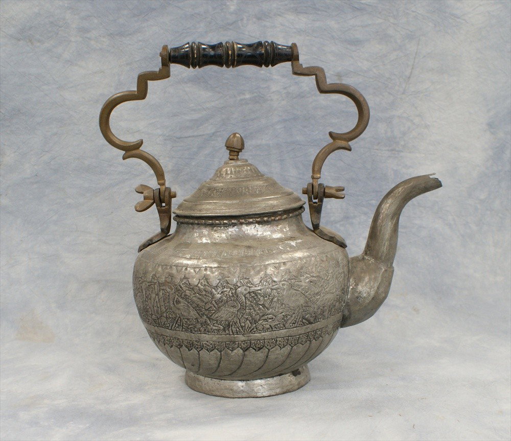 Persian teapot, tin-washed copper, 19th C, 10 1/: Persian teapot, tin-washed copper, 19th C, 10 1/2" tall