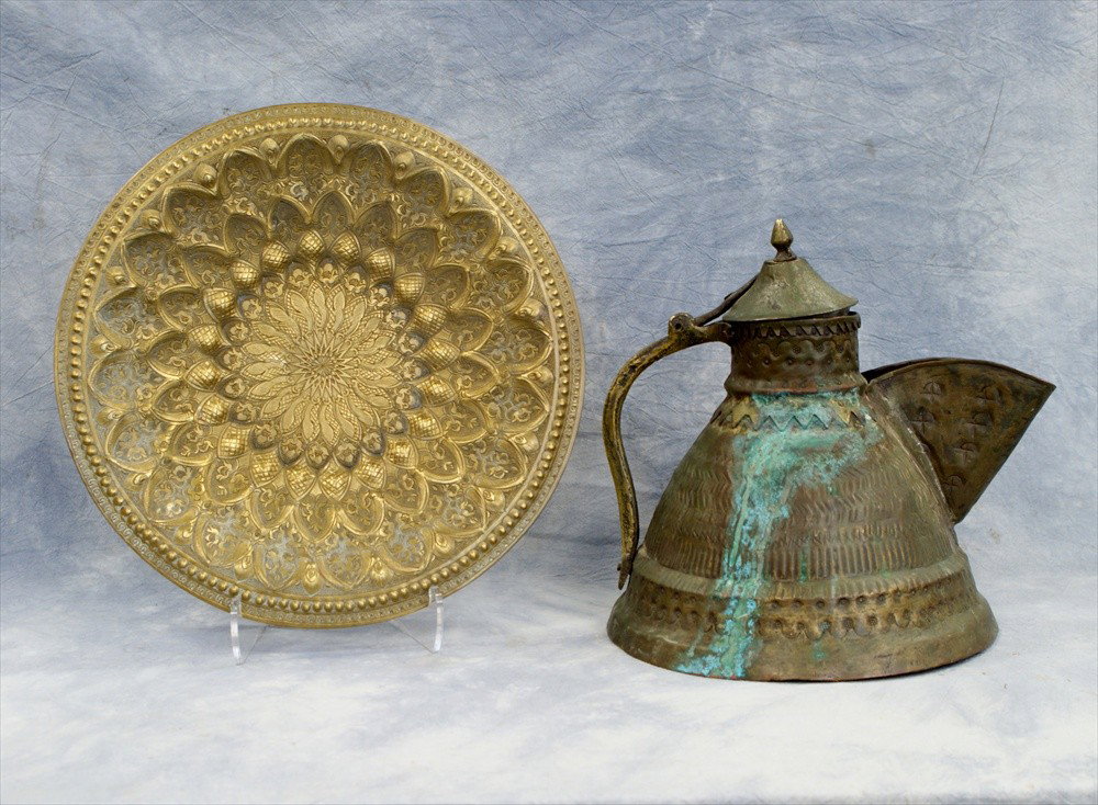 Near Eastern metal pitcher 11" tall, with a fine: Near Eastern metal pitcher 11" tall, with a fine Indian brass engraved plate, 19th-20th C