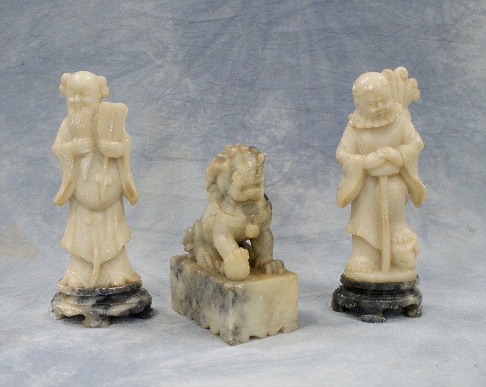 (3) Pieces of Chinese carved soapstone, c/o pair: (3) Pieces of Chinese carved soapstone, c/o pair of immortal figures & foo dog, circa 1900, tallest 8"