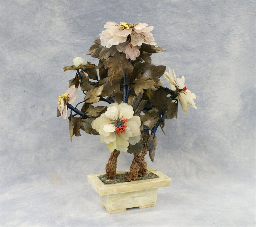 Large Chinese hardstone tree, jade, rose quartz,: Large Chinese hardstone tree, jade, rose quartz, carnelian, etc, 20th C, approx. 18" tall