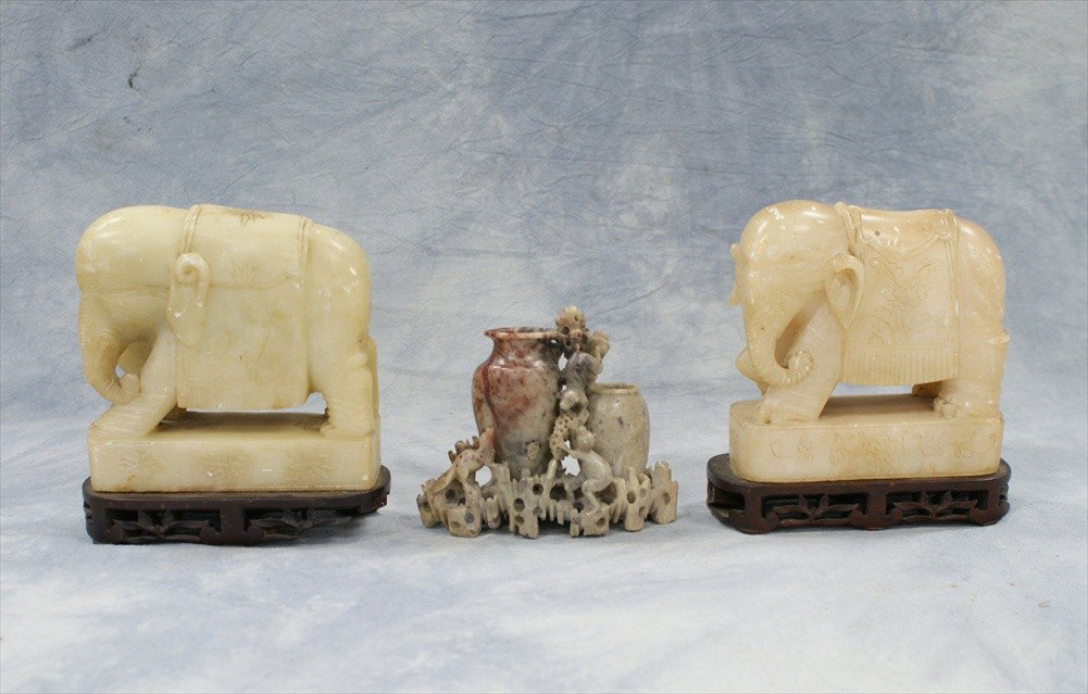 (3) Pieces of assorted Chinese soapstone, c/o pa: (3) Pieces of assorted Chinese soapstone, c/o pair of elephants on teak stands, small monkey & squirrel double vase, circa 1900, tallest 6", as is