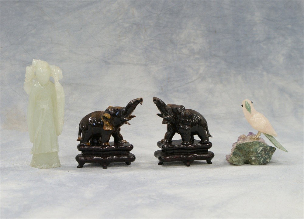 (4) Hardstone carvings, c/o pair of cat's eye el: (4) Hardstone carvings, c/o pair of cat's eye elephants on teak stands, figure, rose quartz & hardstone bird, 20th C, tallest 5 1/4"