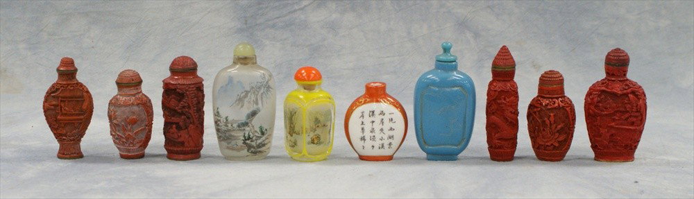 (10) Chinese snuff bottles, c/o 6 cinnabar, 2 in: (10) Chinese snuff bottles, c/o 6 cinnabar, 2 interior painted, 2 others, 20th C, tallest 3 1/4"