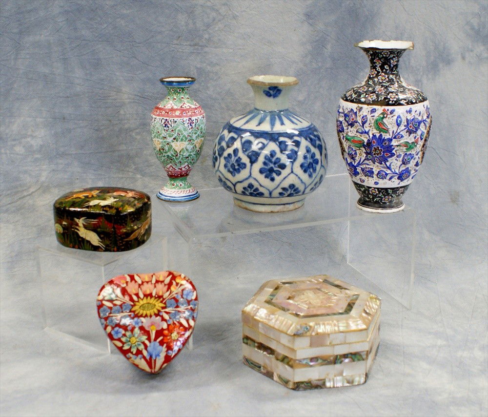 (6) Assorted Indian and Persian items, c/o 2 Per: (6) Assorted Indian and Persian items, c/o 2 Persian enamel vases, Persian pottery vase, 2 Kashmiri boxes, MOP box, 19th-20th C, tallest 5 3/4"