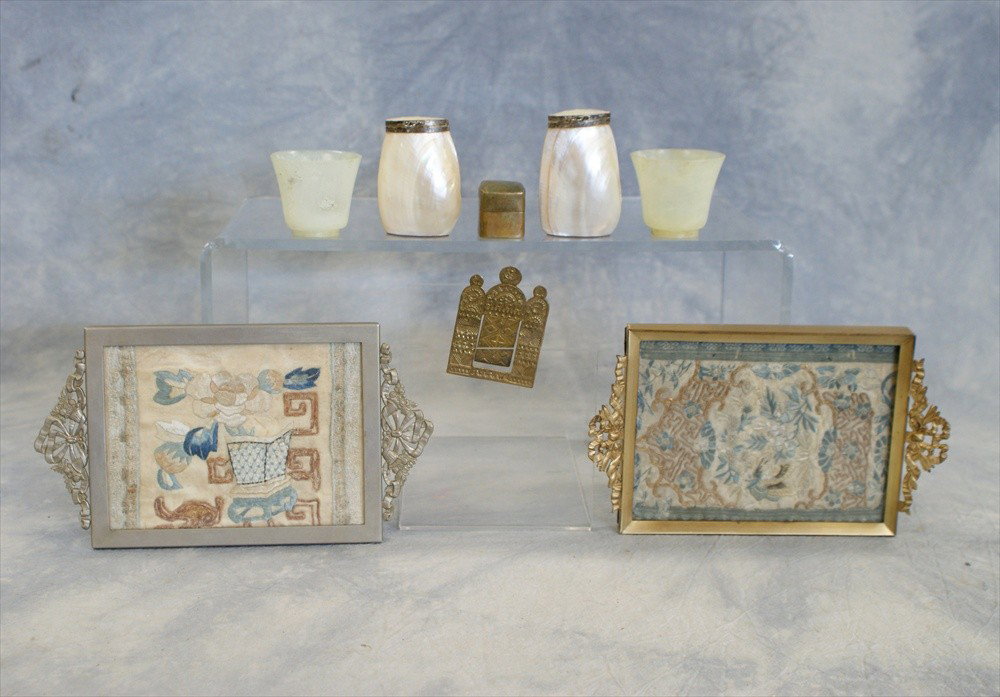 (8) Assorted pieces, c/o 2 small trays with Chin: (8) Assorted pieces, c/o 2 small trays with Chinese embroidered inserts, pair of MOP shakers, 2 Chinese hardstone cups, small brass stone top box, gilt metal bookmark, 20th C, largest 2 1/2"