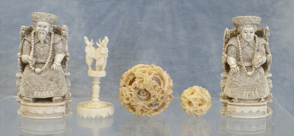 (4) Assorted pieces of Chinese carved ivory, c/o: (4) Assorted pieces of Chinese carved ivory, c/o pair of figures (chip to one), large puzzle ball, small puzzle ball with elephant stand, circa 1900, tallest 4"