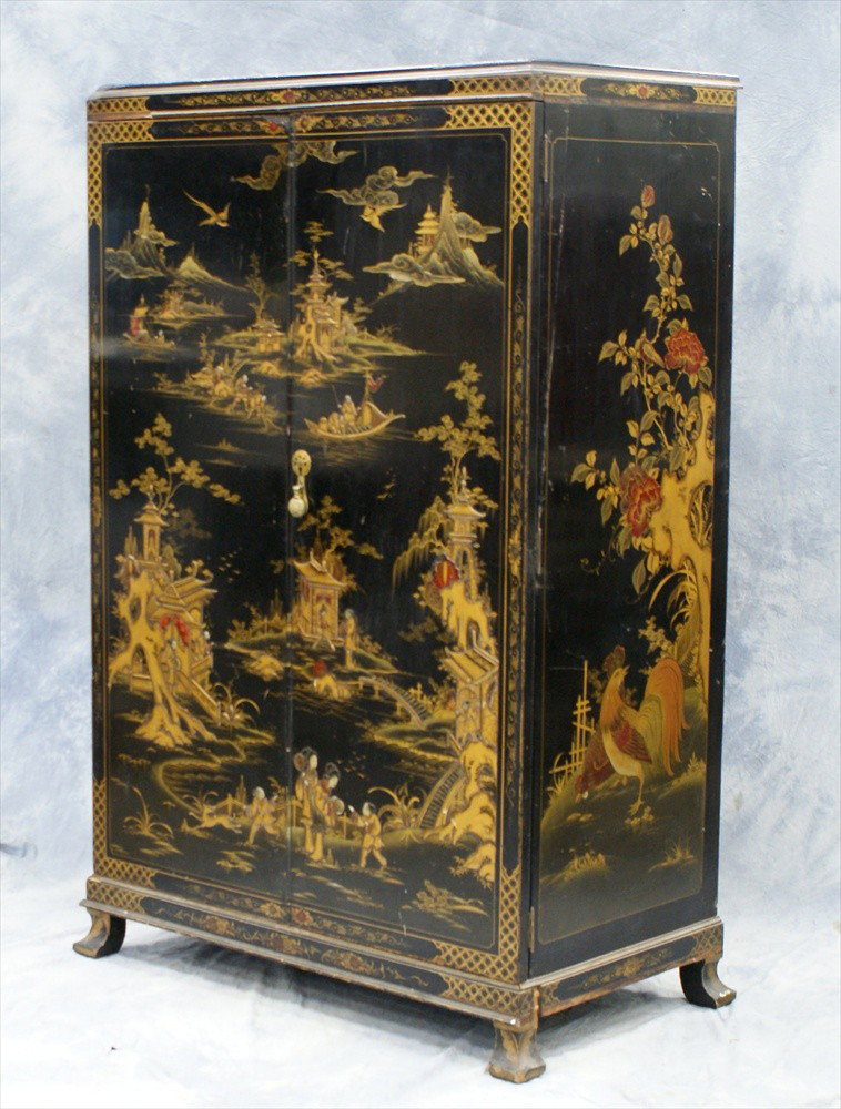 English tall chest with Chinoiserie decoration, : English tall chest with Chinoiserie decoration, circa 1920, 57" t x 35" w x 20 1/2" d, some losses to trim