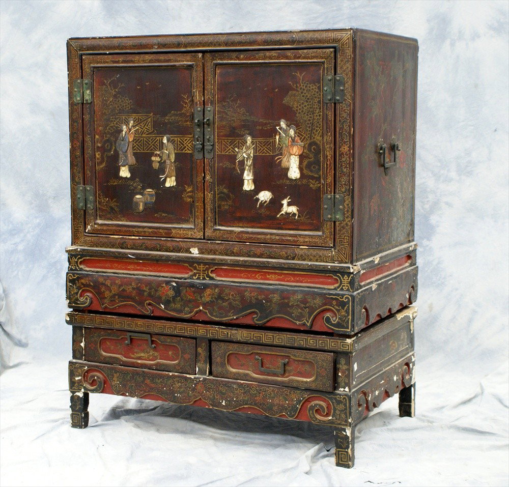 Chinese lacquered cabinet with stand, inlaid wit: Chinese lacquered cabinet with stand, inlaid with stone, rough condition, circa 1900, 41 1/2" t x 31 1/2" w x 19" d