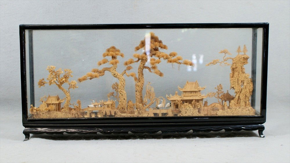 (2) Asian pieces, c/o Thai lacquer tray 17 1/2": (2) Asian pieces, c/o Thai lacquer tray 17 1/2" w & Japanese cork diorama 23 1/4" w, 20th C