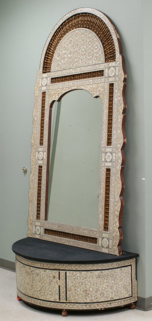 Mother of pearl and carved wood Middle Eastern c: Mother of pearl and carved wood Middle Eastern console table and mirror, 97-1/2" overall h, 46-1/2" w, 20th C