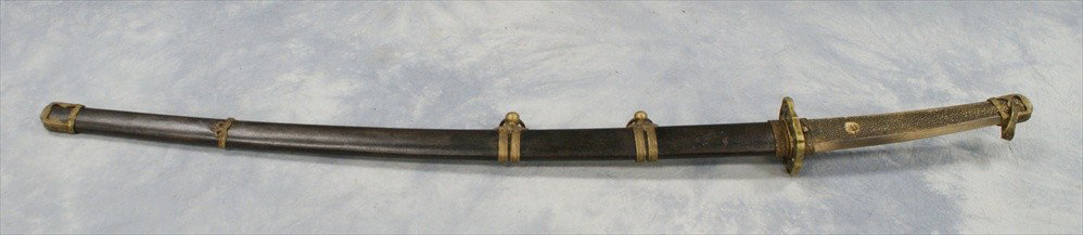 Japanese sword with brass mounts and shagreen mo: Japanese sword with brass mounts and shagreen mounted handle, 29 1/2" blade