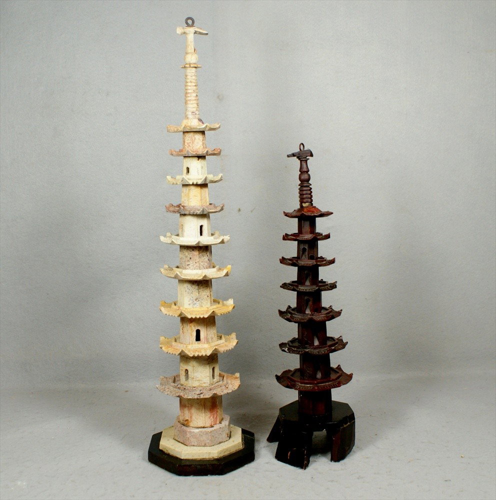 2 Chinese Stone Pagodas, with losses, tallest 26: 2 Chinese Stone Pagodas, with losses, tallest 26 1/2", 20th Century