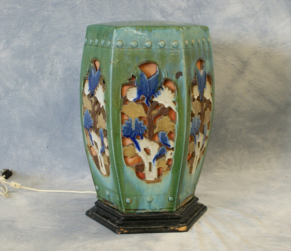 Chinese glazed pottery garden seat, 19-1/2" h x : Chinese glazed pottery garden seat, 19-1/2" h x 11-1/2" wide