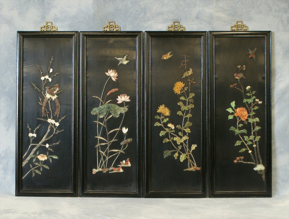 4 Chinese stone inlaid plaques, approx. 37" h x : 4 Chinese stone inlaid plaques, approx. 37" h x 14" w, 20th century
