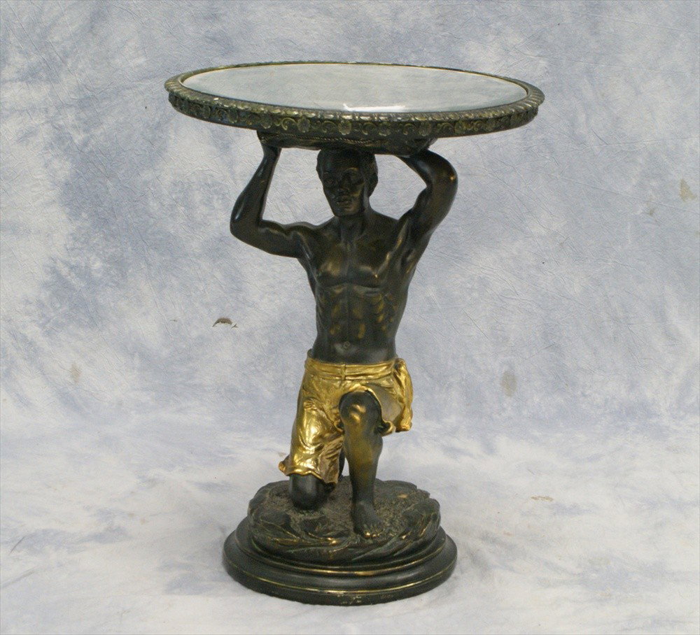 Composition Blackamoor table, mirrored top, top : Composition Blackamoor table, mirrored top, top with crack, 22" h, 16-1/2" dia