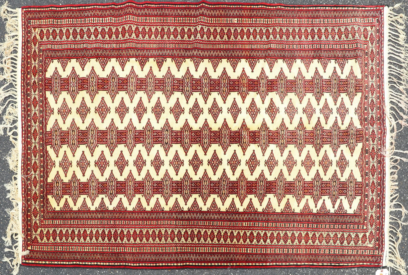 4'7" X 7' Persian Bokhara Yamoud Rug: 4'7" X 7' Semi-antique Persian Bokhara Yamoud Rug, good condition, fading, stains, color run, please see photos for any specific condition concerns.