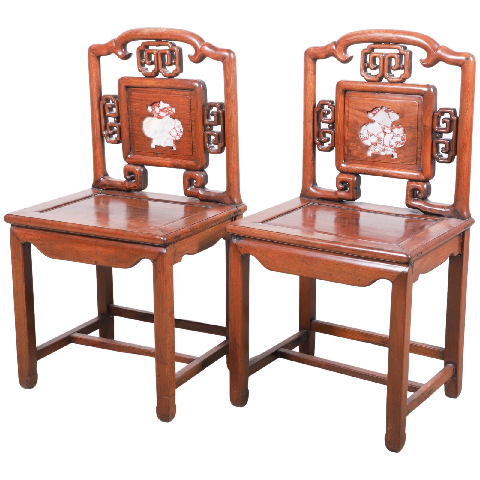 Pair Chinese carved elmwood and marble side chairs (1 of 7)