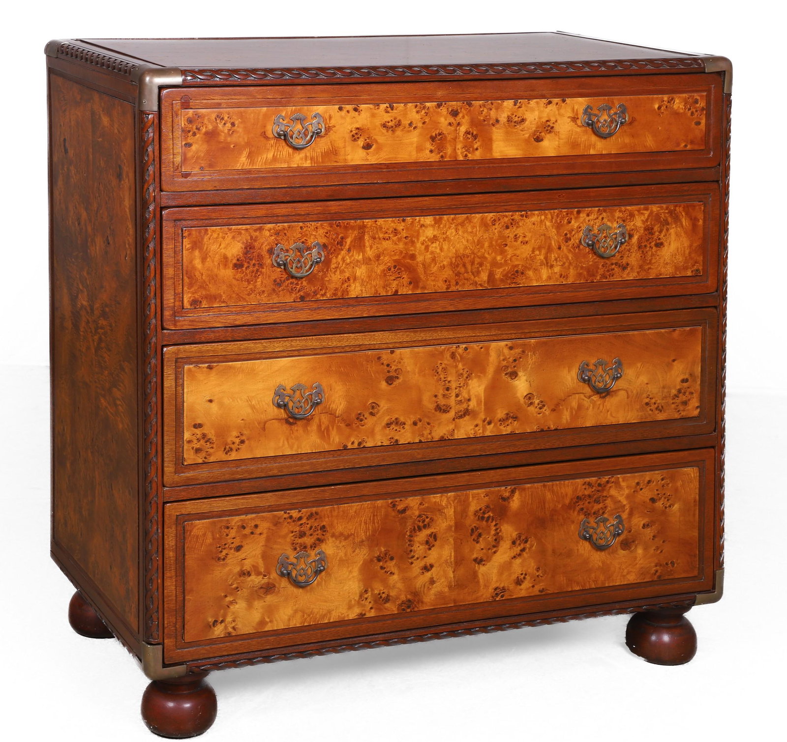 Burl walnut chest of drawers: Burl walnut chest of drawers, infinity carved edge around top, four drawers, on bun feet, 35"h x 35"w x 18-1/2"d