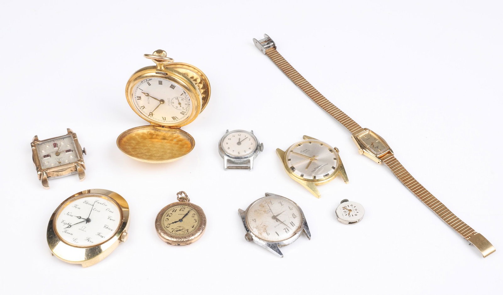 (9) Watches, Pocket Watches, Watch Dial: (9) Watches, Pocket Watches, watch dial to include B&M Watch Co gold plated Rona 17J pocket watch, cuvette reading Ancre De Precision B&M Watch Co, wound tight, gold filled Elgin ladies pocket watch s