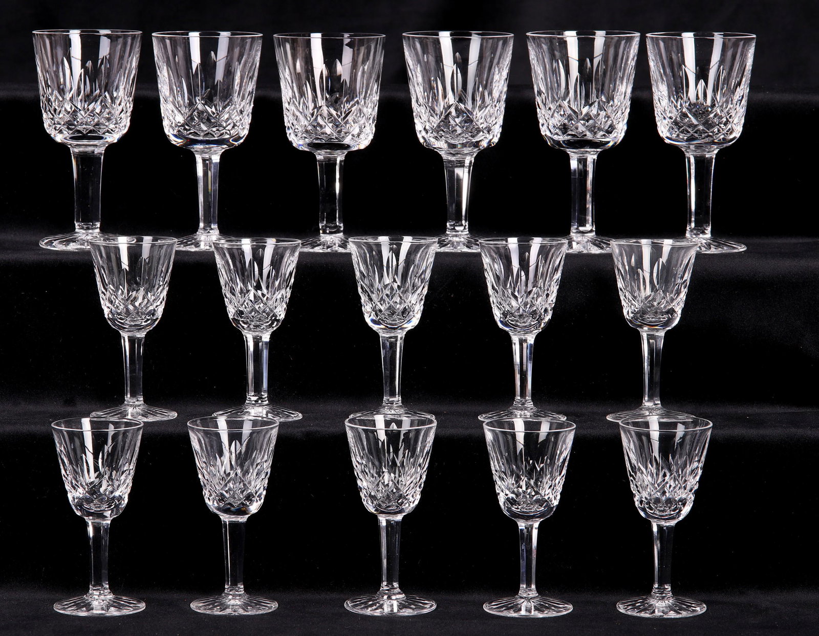 (16) Waterford Lismore Glasses: (16) Waterford crystal glasses, Lismore pattern, c/o (6) port wine (4-1/4" h), (10) cordial (3-1/2" h)