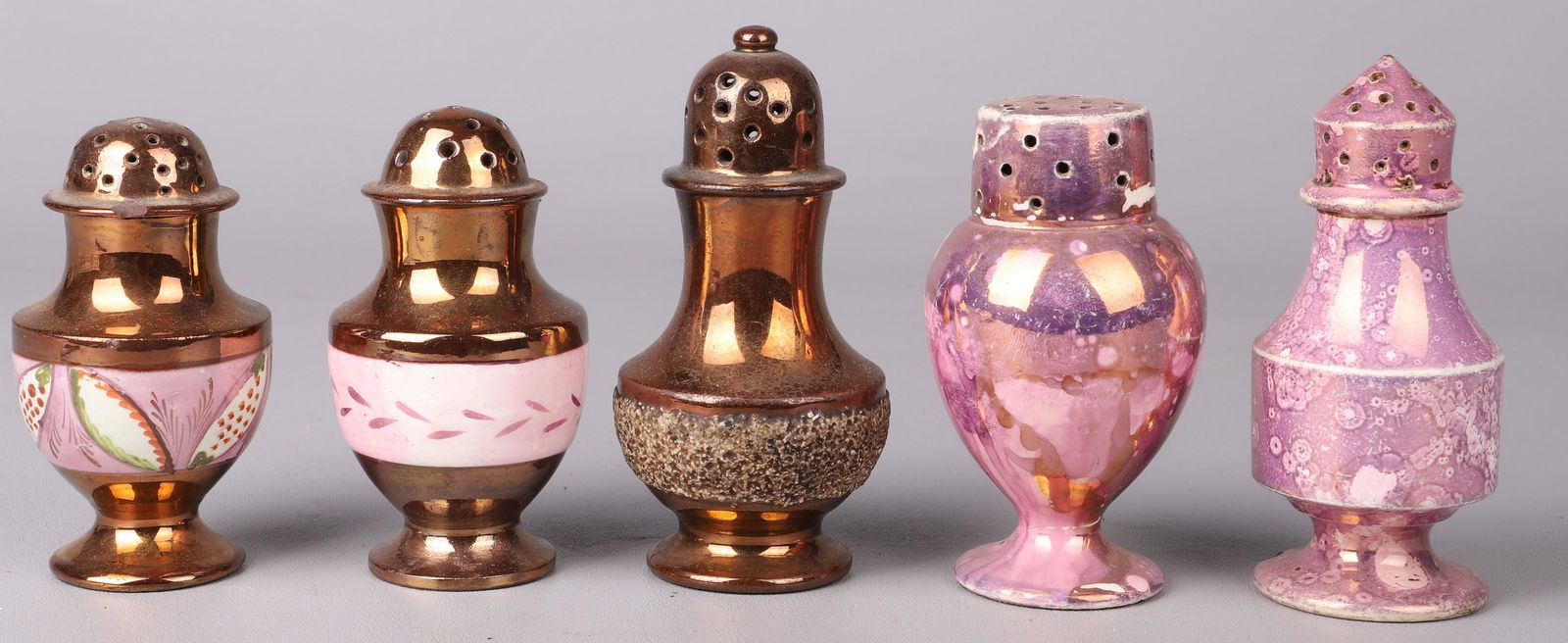 (5) Mid 19th C Copper and Pink Lustre Pepper Pots (1 of 1)