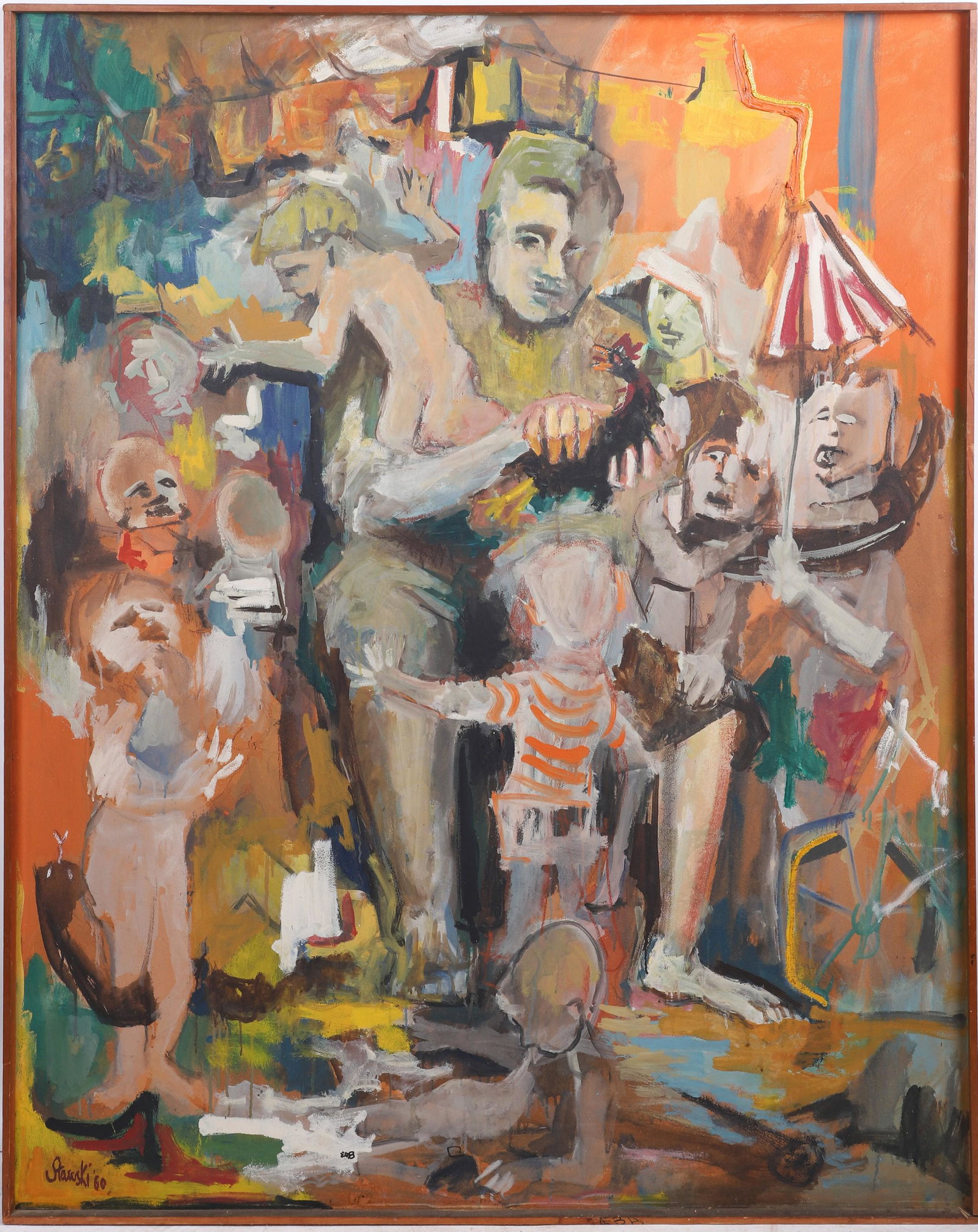 1960 Expressionist Painting signed Stawski: 1960 Expressionist Painting signed Stawski, mixed media on cardboard, signed Stawski, 60', 60" x 48", fair condition, some warpage, loose frame moulding