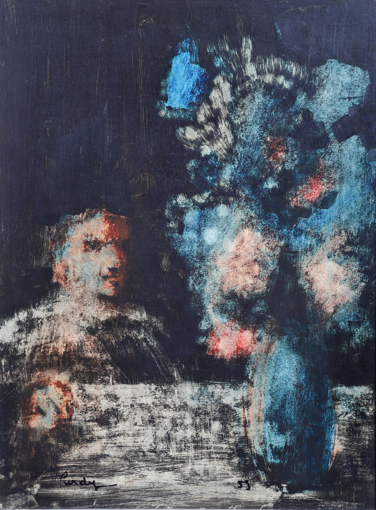 Donald Purdy "Still Life with Figure": Donald Purdy (American, 1924-2016) "Still Life with Figure", oil on masonite, signed Purdy, 16" x 12", framed 23-3/4" x 19-3/4", very good condition