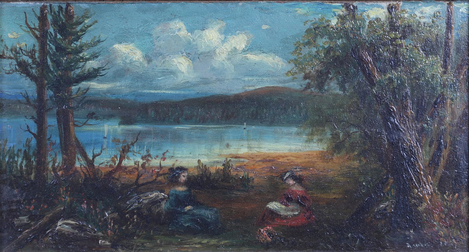 19th c. Landscape with Figures: 19th c. Landscape with Figures, depicting two women sitting by a lake, oil on board, illegibly signed wach(?), mounted in original gilt frame, 5-1/2"x9-1/2", framed 10-3/4"x14-3/4", gesso damages on f