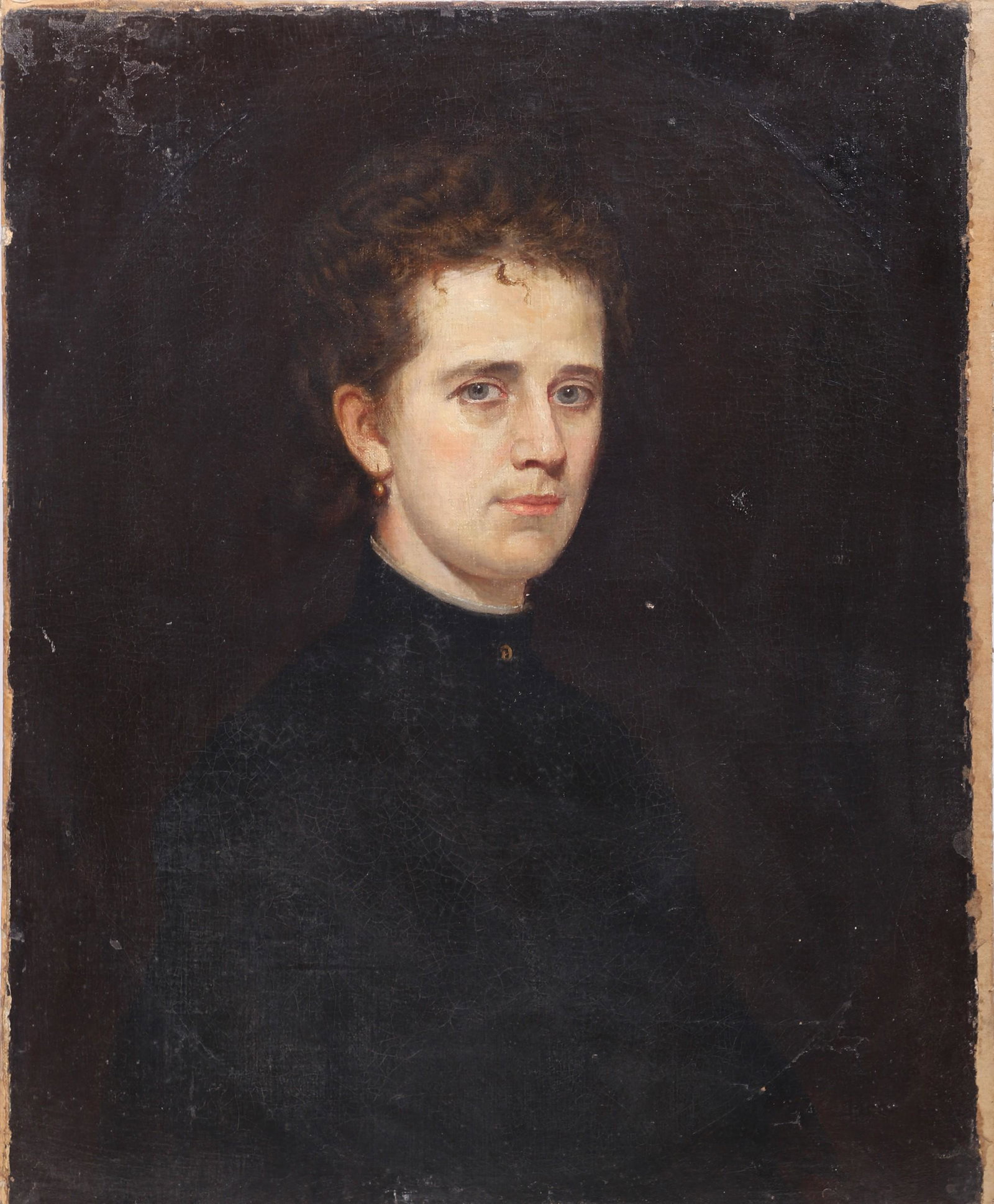 19th c. Portrait of a Woman: 19th c. Portrait of a Woman, oil on canvas laid down on board, no visible signature, unframed, 27"x21-1/2" canvas, old restoration, fair condition