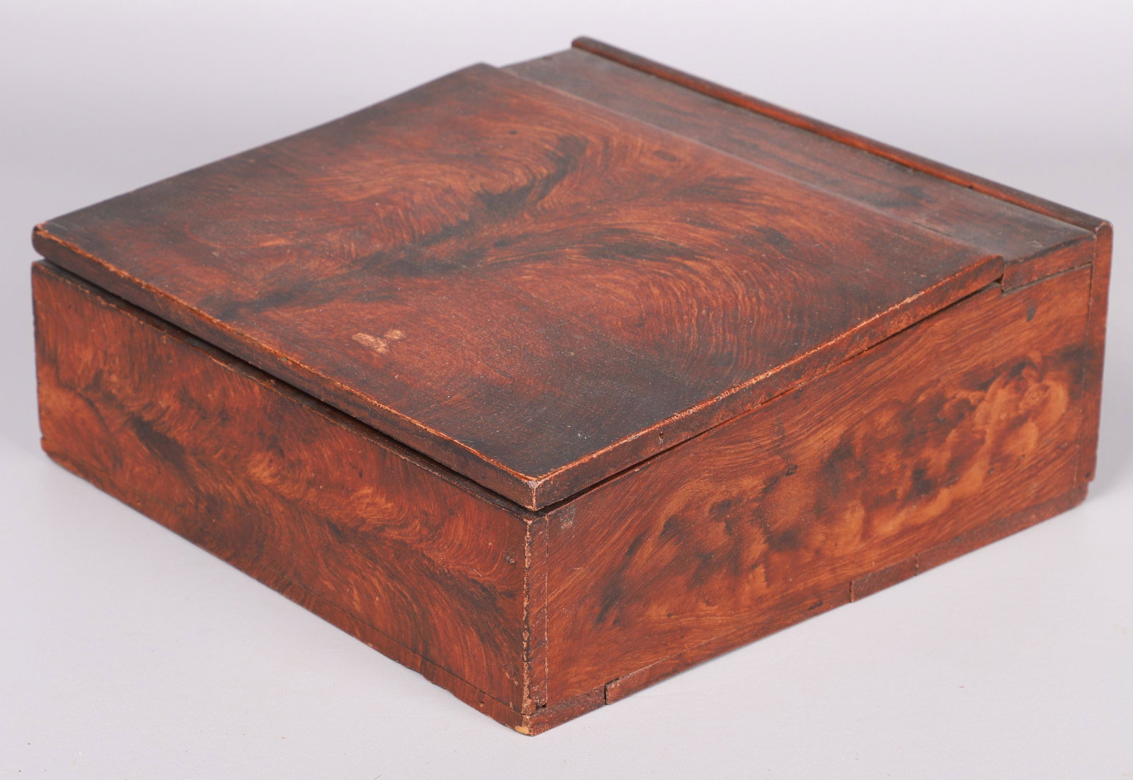 Faux Grained Travel Desk: Faux grained wood travel desk, slant front lift top lid, interior compartment with glass inkwell, 12" x 12" x 5" h