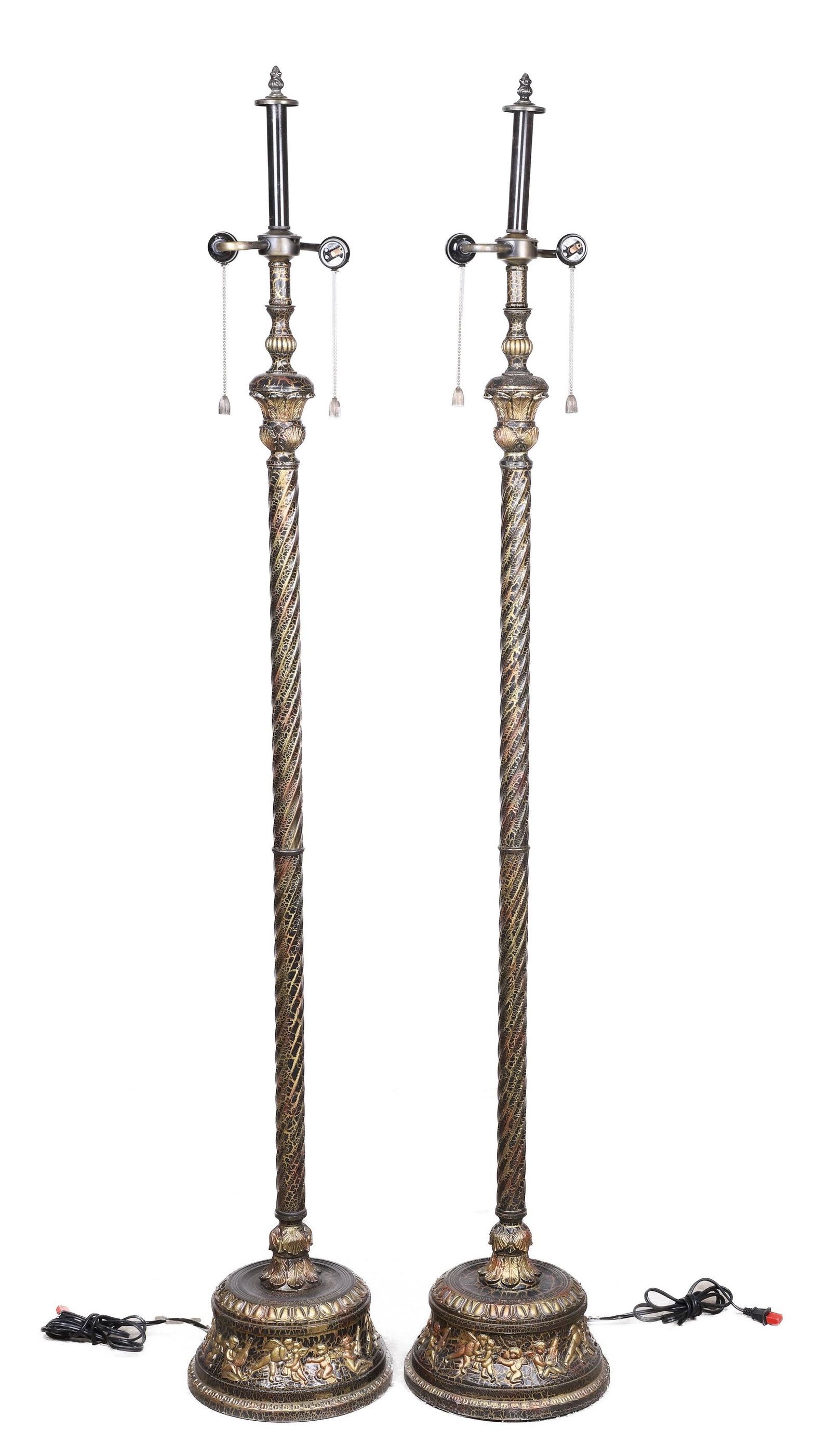 Pair Contemporary crackled finished floor lamps: Pair Contemporary crackled finished floor lamps, ebonized and gilt crackled finish, acanthus decoration on turned posts with cherubs around base, 65"h