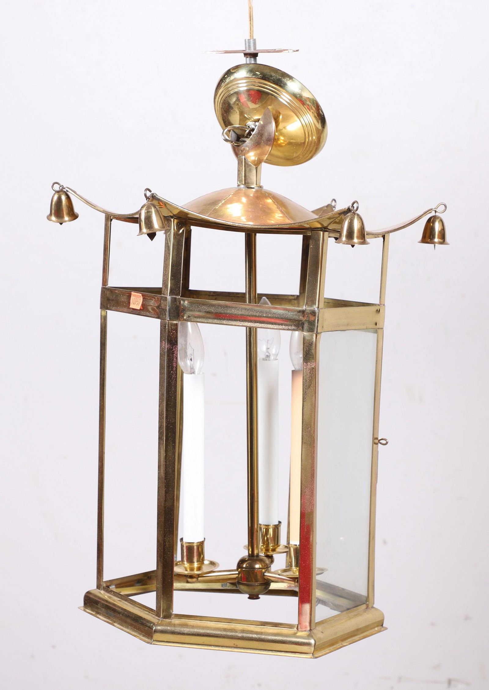 Gilt metal pagoda form hanging light (1 of 3)