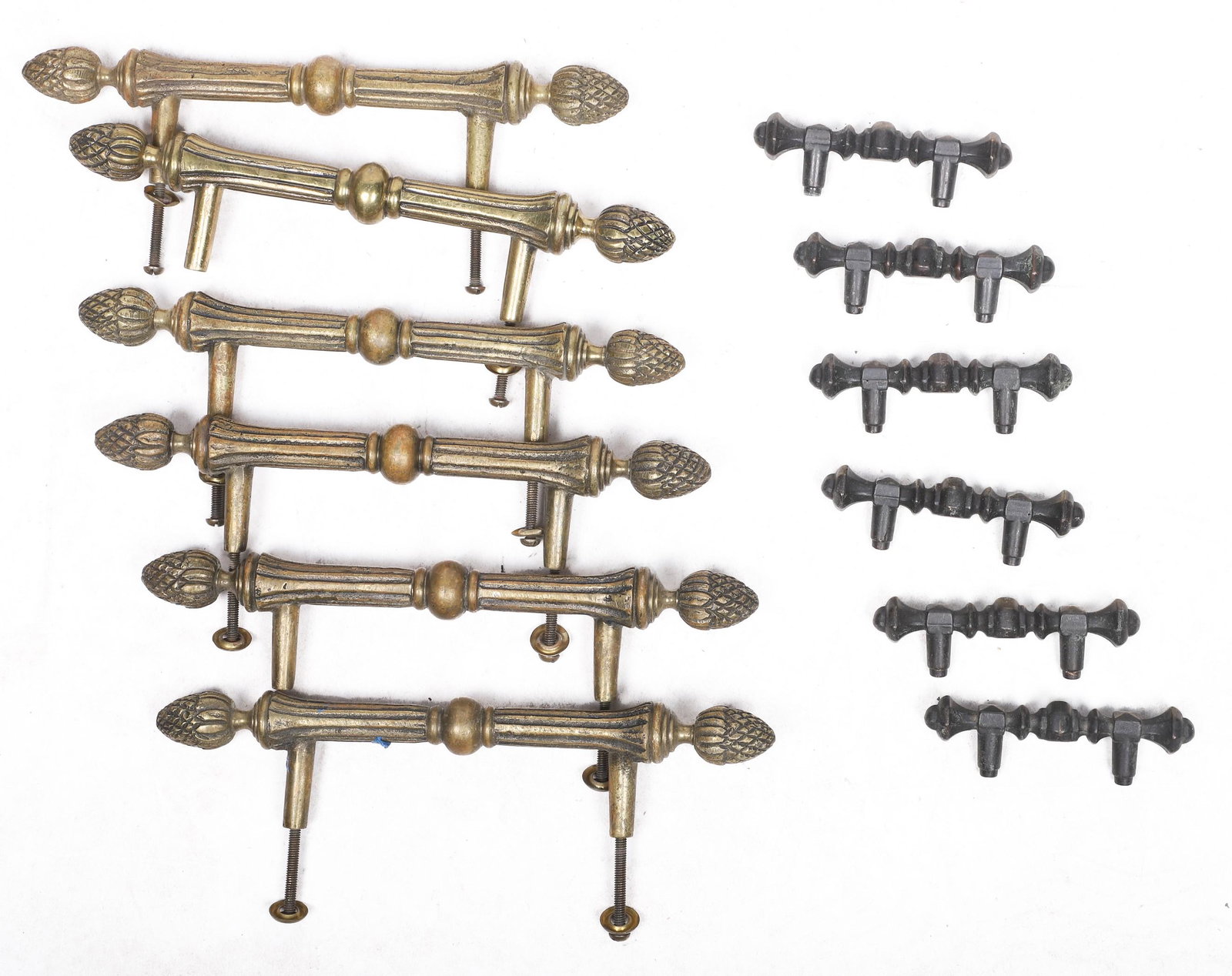 (12) Drawer Pulls: (12) Drawer pulls, c/o (6) brass with pinecone ends (8-1/2" l), (6) bronze (3-1/2" l)
