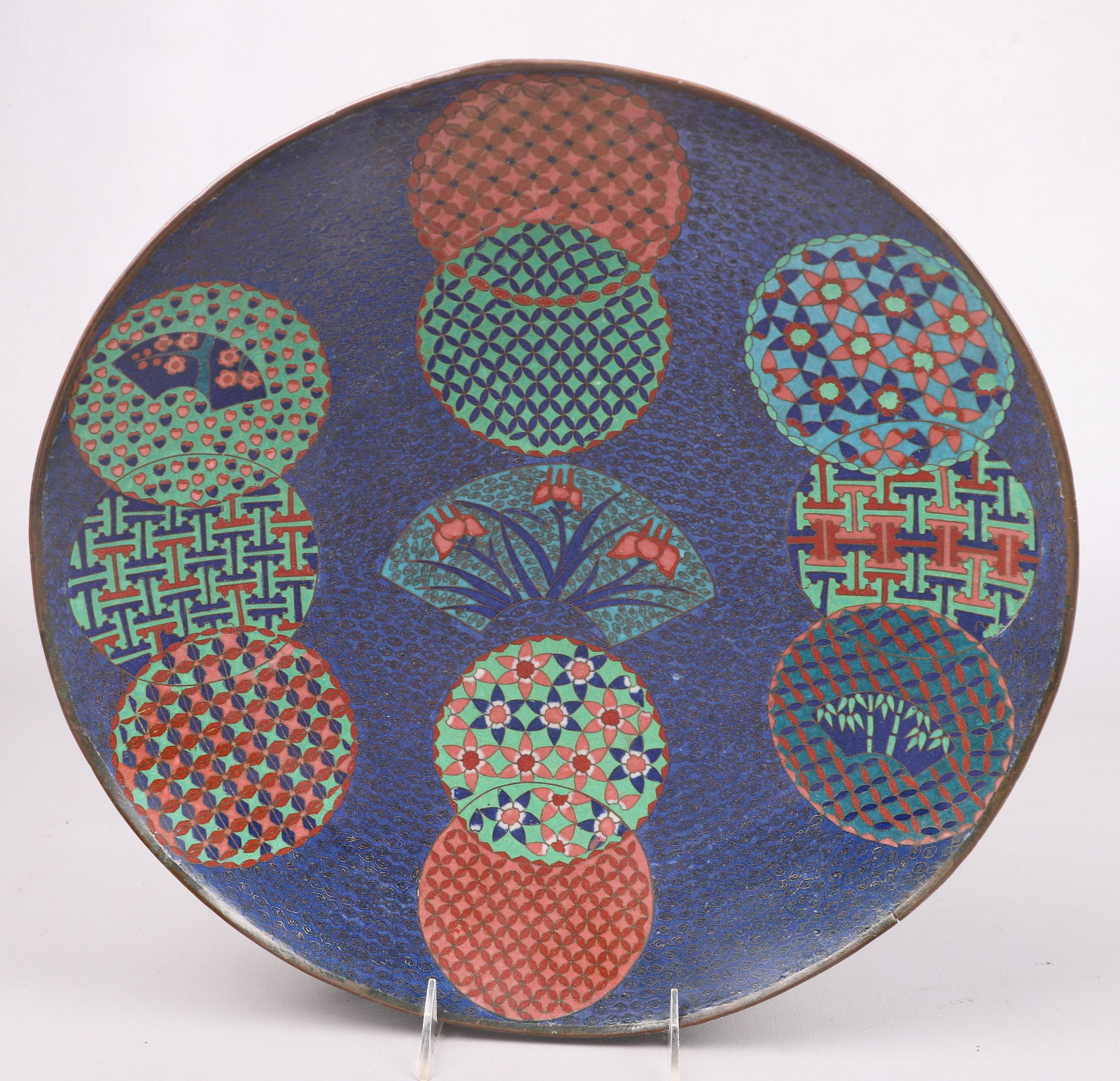 Japanese Cloisonne Charger: Japanese cloisonne charger, fan decoration, 14-1/4" dia, dent in foot