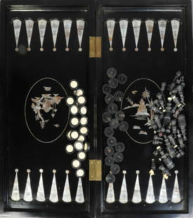 Asian Lacquer Chess/Backgammon Set: Asian lacquer chess/backgammon set, mother of pearl inlay, with chess & checkers game pieces, 25" x 23" opened