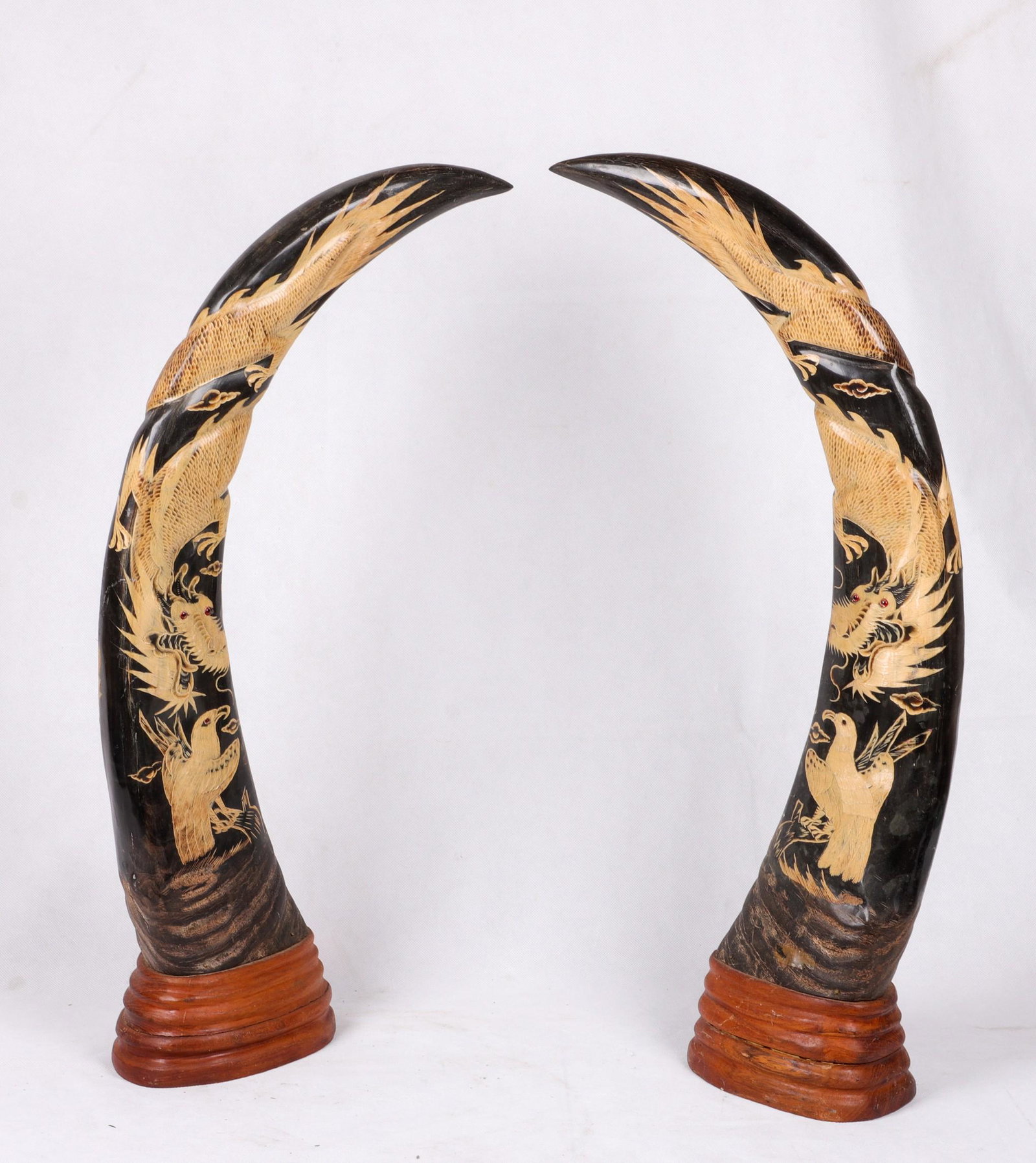 Pair of Carved Horns with Exotic Bird Decoration: Pair of carved horns, exotic bird decoration, 27-1/2" & 27-3/4" h