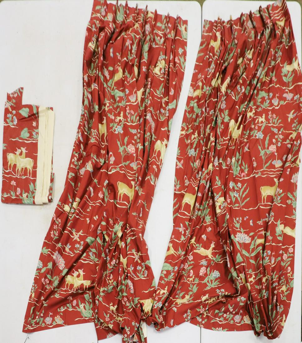 Clarence House Barbizon Curtain Pair and Remnant: Clarence House Barbizon curtain pair and remnant, hand printed in Italy, 84"H, 29"W at top, fully lined, 2 yd remnant.