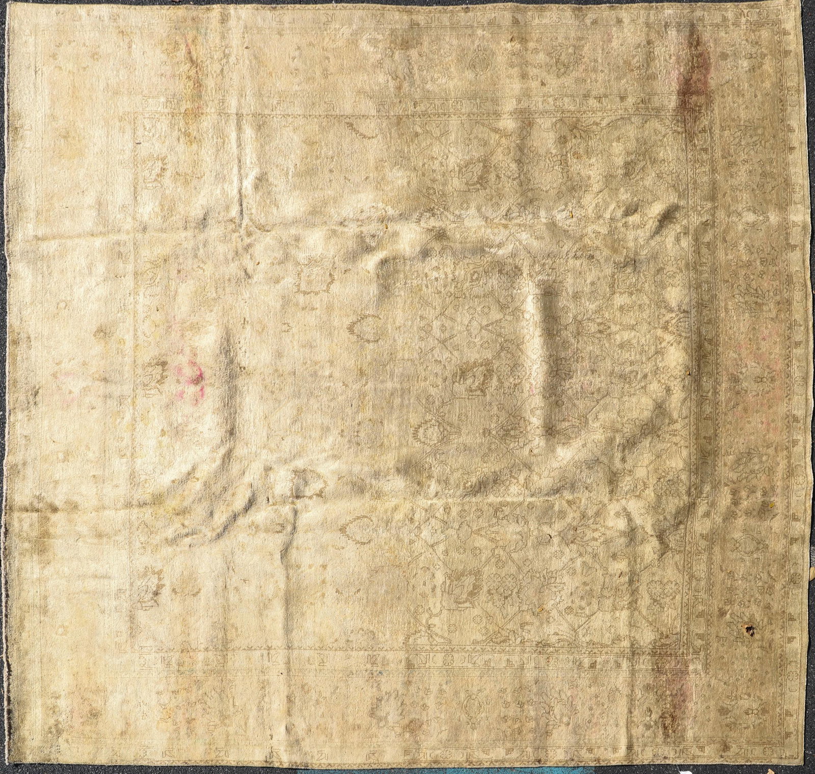 9'4" X 10' Persian Tabriz GoldWash Rug: 9'4" X 10' Semi-antique Persian Tabriz GoldWash Rug, low pile, stains, loose binding, please see photos for any specific condition concerns.