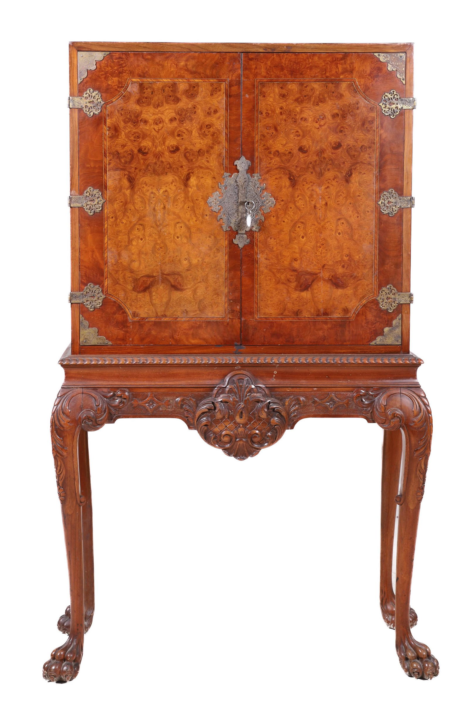 Chippendale style burl walnut two door bar cabinet (1 of 5)